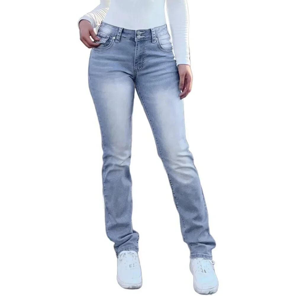 Women's Stretchy Mid Rise Bootcut Jeans Solid Wash 90s Straight Leg